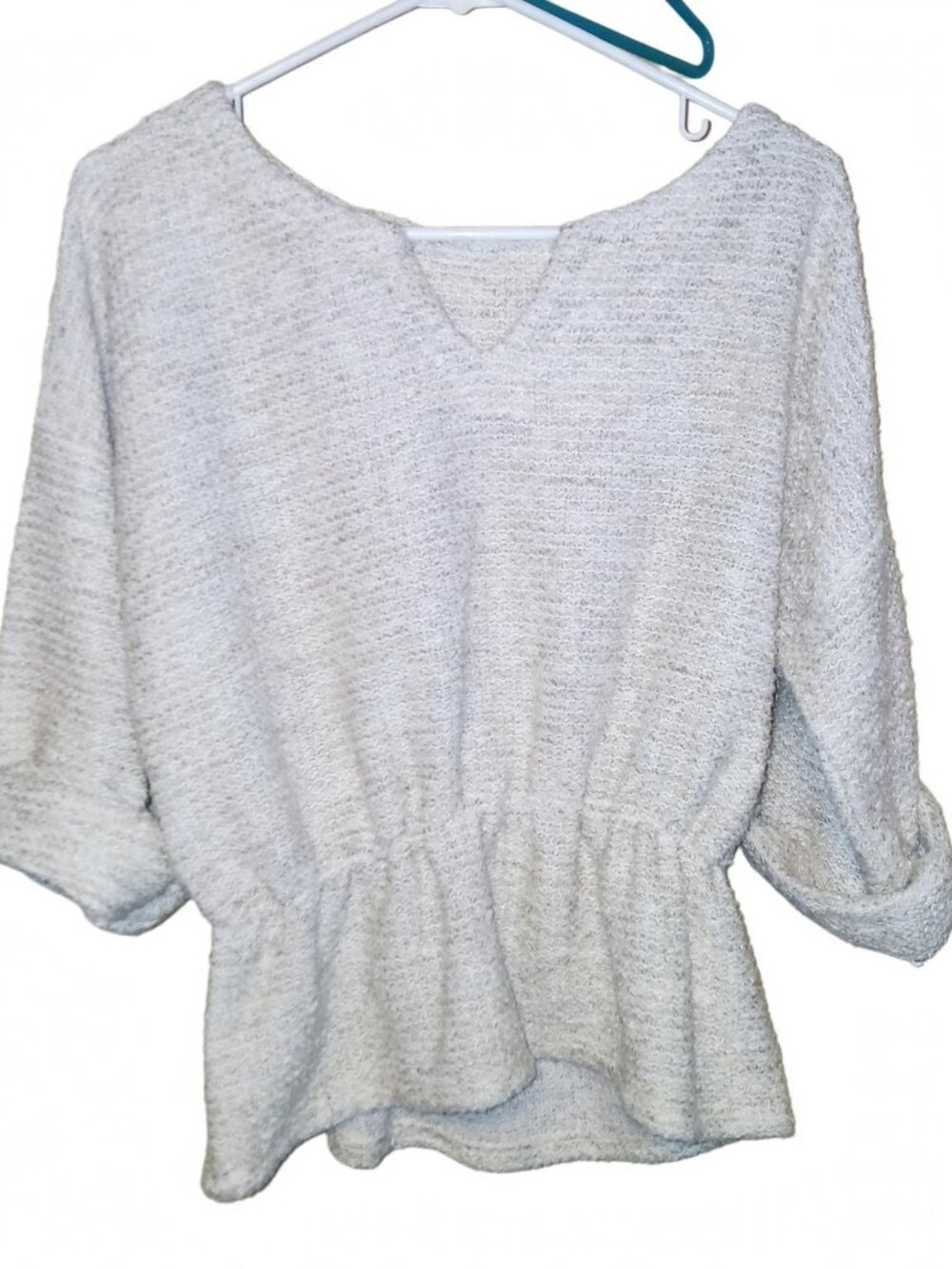 Womens Scrunch Knit Sweater Tan V Neck Peplum Boucle Size 18